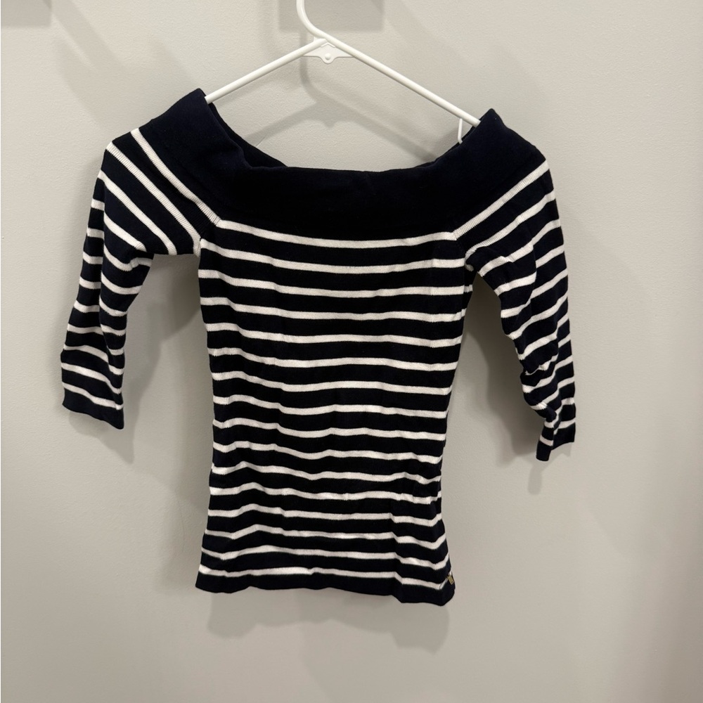 Tommy Hilfiger Off-Shoulder Striped Sweater in Navy and White